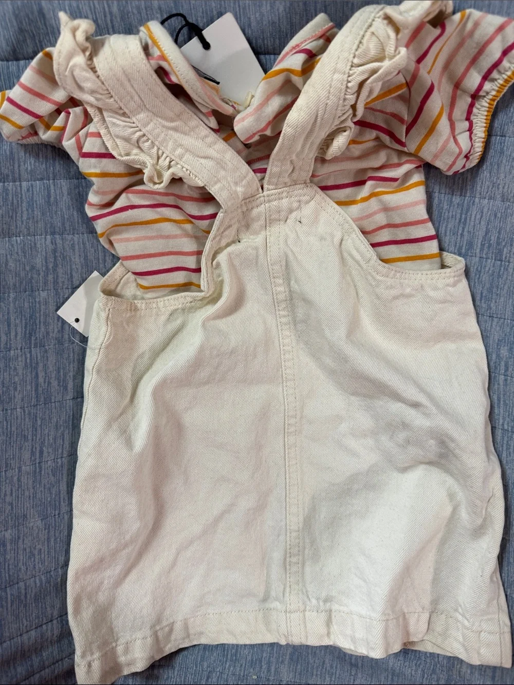 7 For All Mankind Cream Embroidered Overall Dress with Striped Tee